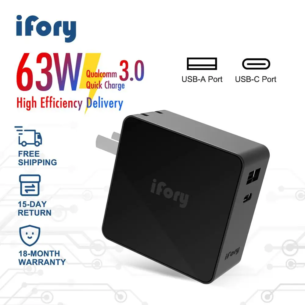 IFory Сетевое зарядное устройство QC3.0 63 Вт PD с USB Type C A адаптер двумя портами для iPhone