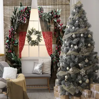 

Garland With Pine Tree Branches Cones And Berries On A Wooden Table Merry Christmas Decoration Photo Red Green Brown Curtain