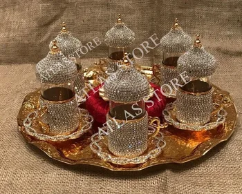 

6 person TEA set crystals and beads silver n gold color with big tray