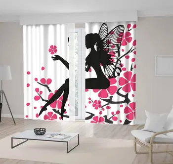 

Curtain Fairy Sitting on Branch of Cherry Tree Flower Blooms Fairytale Fantasy Female Fly Girl Black and Pink Art Print