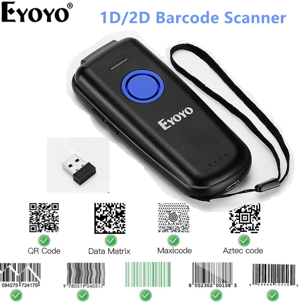 Eyoyo EY-023 QR Code Scanner Bluetooth Portable 2D Bar Code Scanner Compatible USB 2.4GHz Wireless Bluetooth Barcode Reader scanner for pc