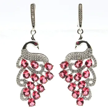 

62x21mm Gorgeous Peacock Shape Created Pink Raspberry Rhodolite Garnet White CZ Sister Silver Earrings