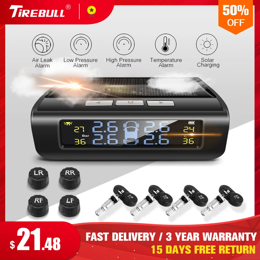 

Wood Grain Car TPMS Support Solar/USB Charging Tire Pressure Monitoring Systems Color Screen Real-time Display Car Safety Alarm
