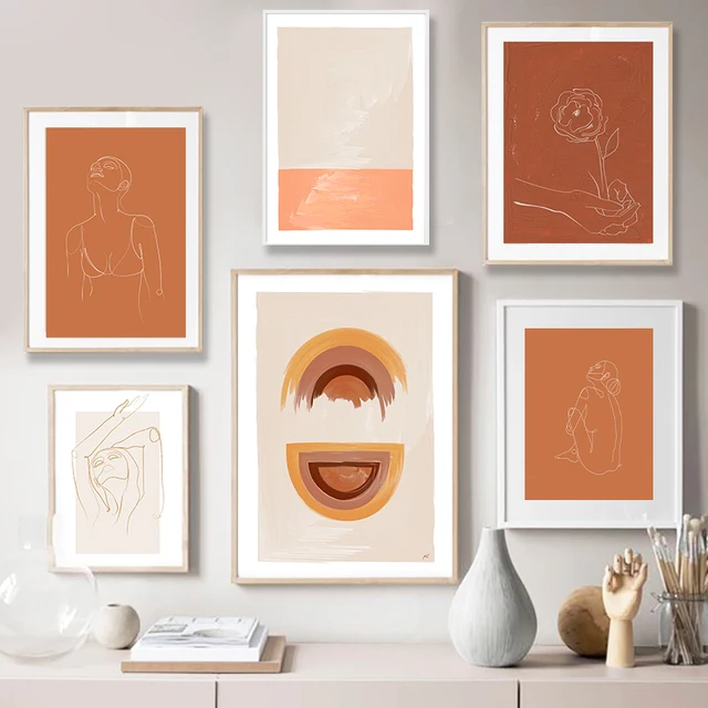 Abstract Burnt Orange Wall Art Canvas Painting Terracotta Rainbow Minimalist One Line Drawing Posters Boho Prints Home Decor