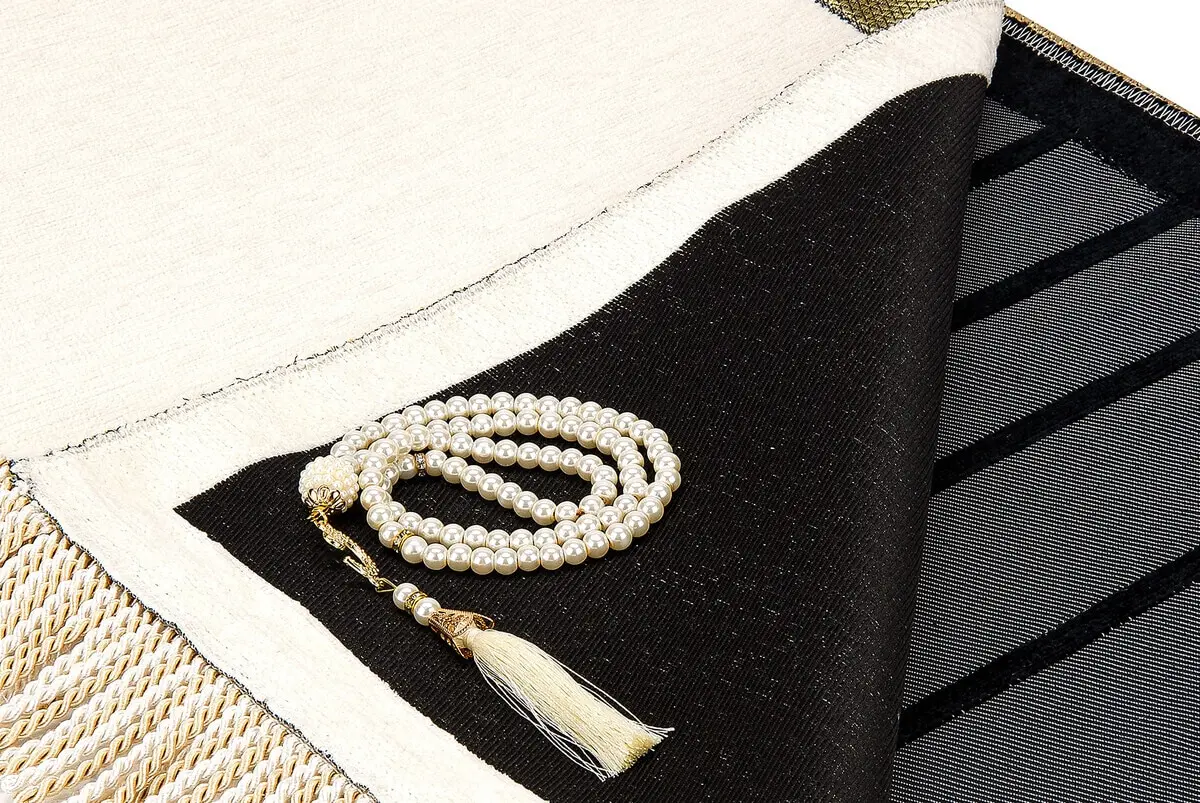 

WONDERFUL Gift Mihrab Plain Pattern Chenille Prayer Rug in Cream-Black color.