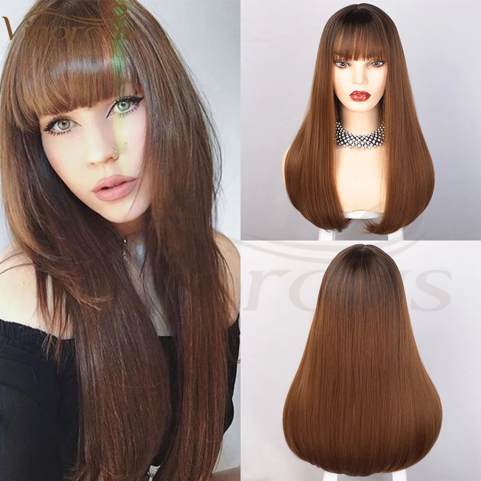 

Vigorous Straight Natural Ombre Black Brown Wigs With Bangs Long Synthetic Wigs for Women Heat Resistant Fiber Cosplay Wig