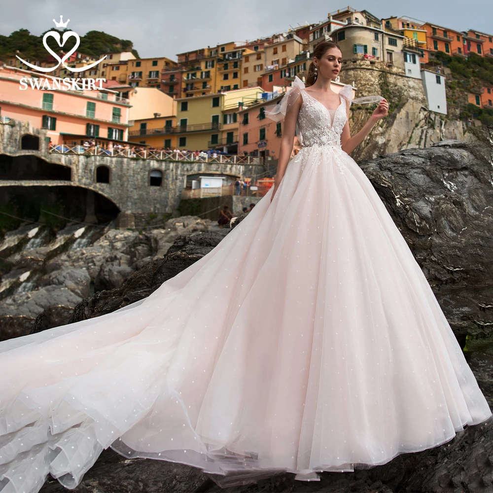 

Romantic Tulle Wedding Dress 2019 Swanskirt Boho Beaded Appliques A-Line Court Train Princess Bridal gown Vestido de noiva UZ34