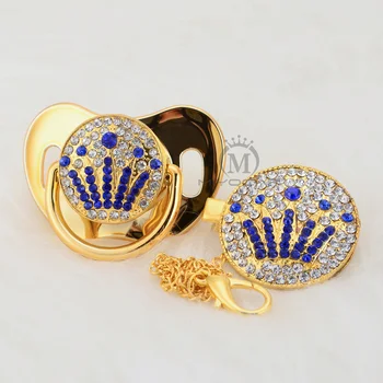 

MIYOCAR Gold beautiful princess bling blue/pink crown pacifier and pacifier clip set BPA free dummy bling unique design ABCG-8