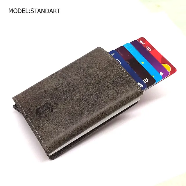 Smart Wallet Business Card Holder Real Cow Leather Handmade Smart Automatic Card Holder Men Gift Standart Grey