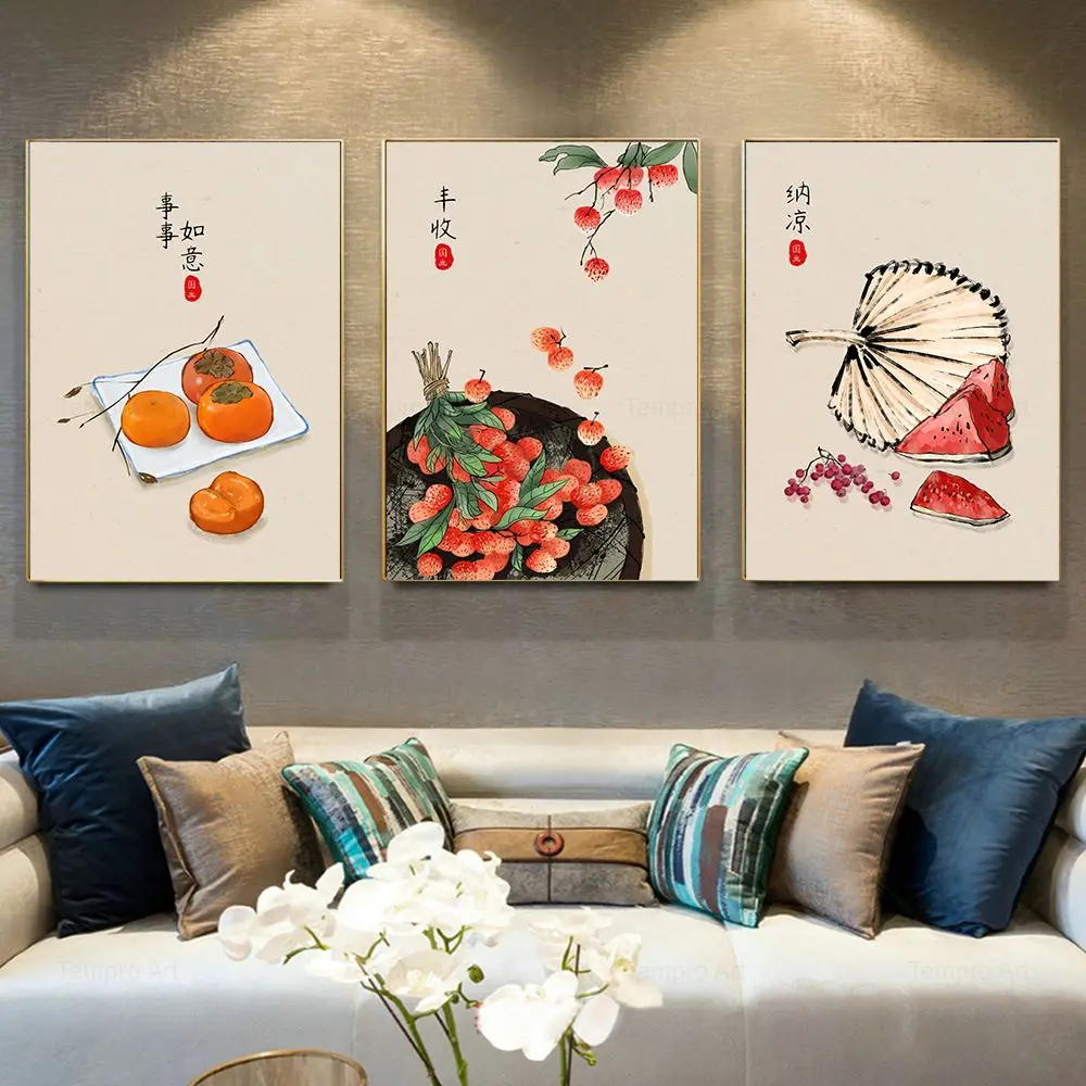 

Traditional Chinese Painting Fruit Poster Ink Persimmon Litchi Watermelon Canvas Painting Prints Wall Picture Living Room Decor