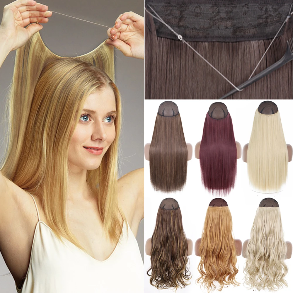 Synthetic No Clip Invisible Wire Hair Extensions Straight Natural Black Blonde One Piece False