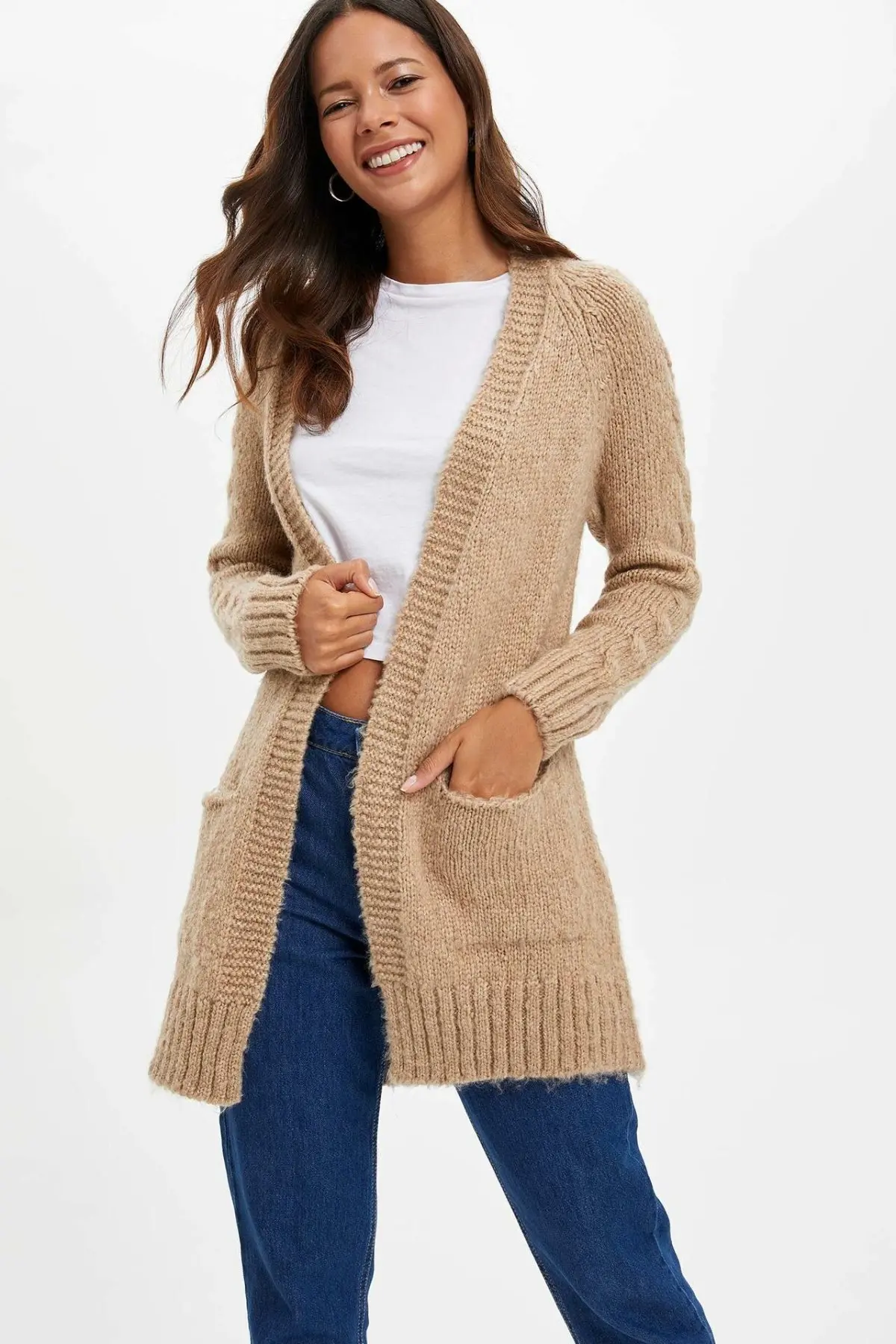 Comprar Cárdigans de punto largos de Color puro cuello en V de moda de hecho para mujer cárdigans de punto de bolsillo Simple Casual New K8951AZ19AU