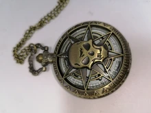 Vintage bronce Steampunk reloj de bolsillo de cuarzo de Halloween Caribe cráneo de cabeza de pirata Horror con cadena colgante collar de hombre