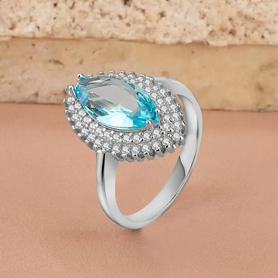 

925 Sterling Silver Double Row Zircon Stone Embroidered Ladies Ring With Aqua Fashion Turkish Premium Quality Handmade Jawelery