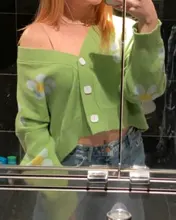 Estilo Preppy de punto con flores Cardigans suéter mujeres cuello en V suelto elegaht Thicked Pull Femme imprimir abrigo corto Casual