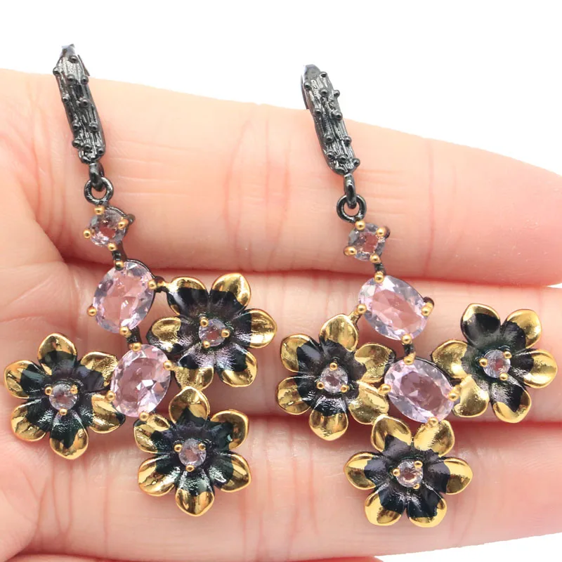 

52x31mm Unique Gothic Handmade Carved Flowers Created Rhodolite Garnet Pink Kunzite Cool Black Gold Silver Earrings Eye Catching