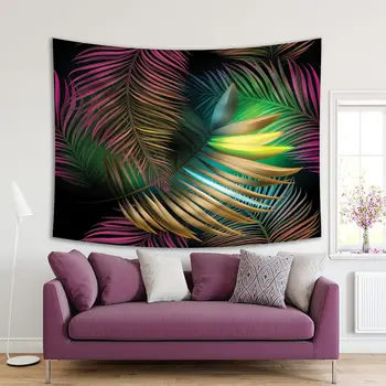

Tapestry Palm Leaves with Colorful Neon Glow Decorative Modern Artwork Printed Gold Green Purple Black