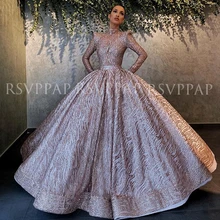 Длинное Пышное вечернее платье с высоким воротом и длинным рукавом, блестящее розовое золото, либанский Дубай, женские вечерние платья