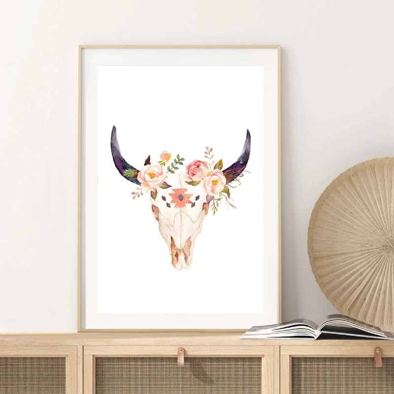 Boho Flowers Skull Watercolor Canvas Prints Home Decor