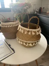 Potted Baskets Vase Hanging Handle Plant Garden-Flower Seagrass Woven Wicker Foldable
