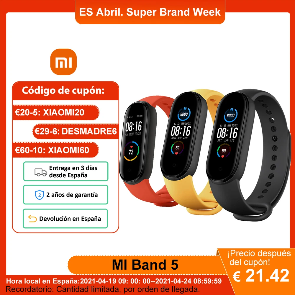 Xiaomi-pulsera inteligente Mi Band 5 versión Global, reloj con Pantalla AMOLED de 1,1 , monitor de ritmo cardíaco y Fitness, carga magnética