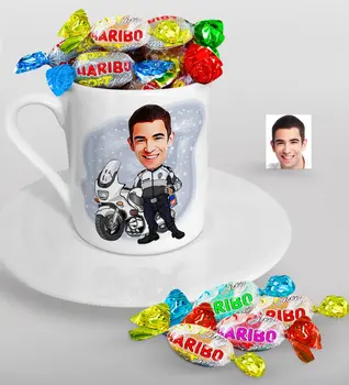 

Personalized Mr Dolphin Polis Caricature Of Turkish Coffee cup And Haribo Candy Gift Seti-1