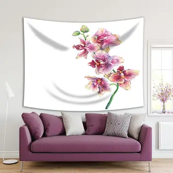 

Tapestry Branch Of Blossoming Orchids Tropical Pink Flowers Watercolor Painting Artistic Decorative Red Yellow Green