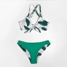 Swimsuit Bikini-Sets Reversible-Bottom SEASELFIE Two-Pieces Green Leaf-Print Sexy Beach