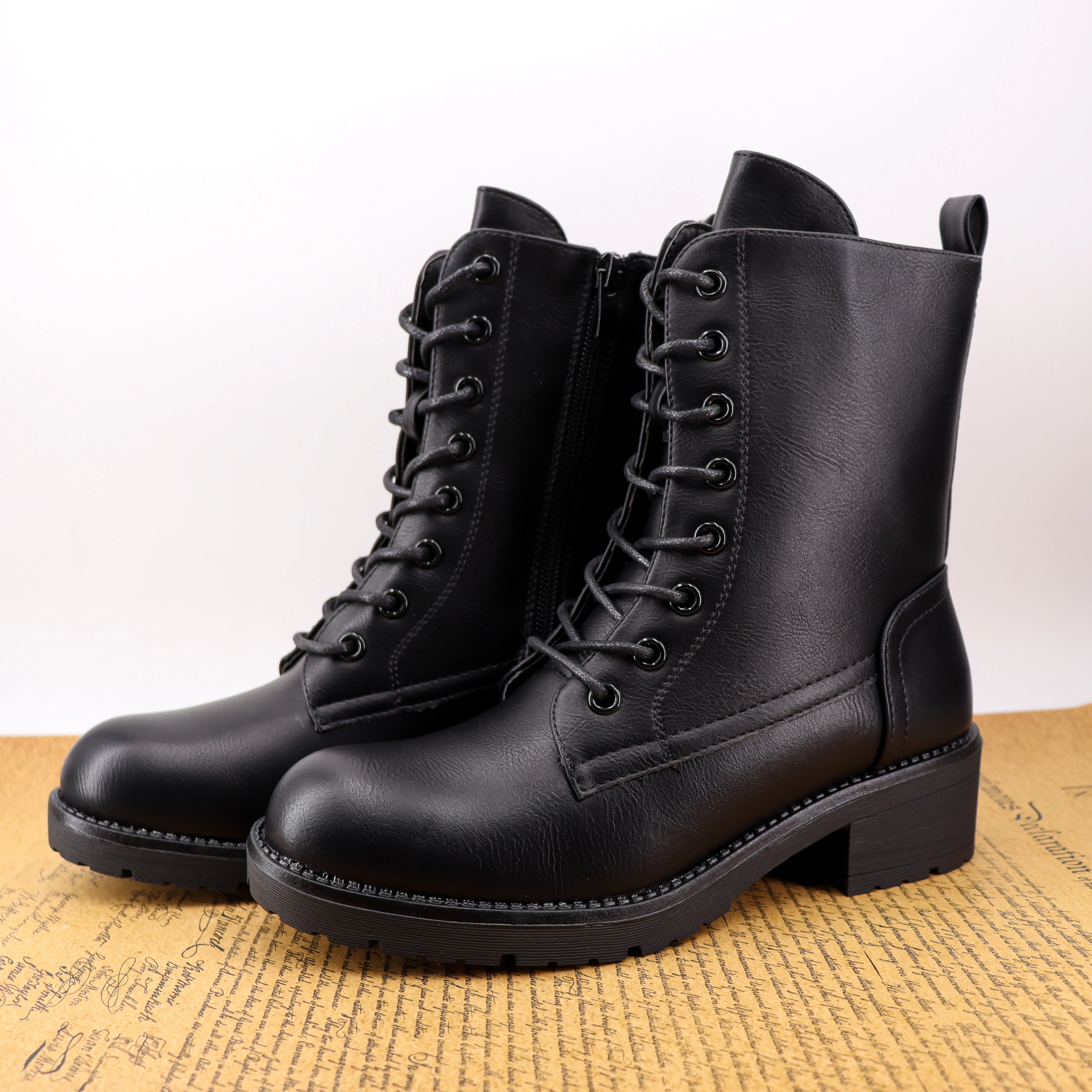 Hemera Studios botines mujer invierno 2020 botas militares básicas para diario estilo punk con taconcillo de piel pegano