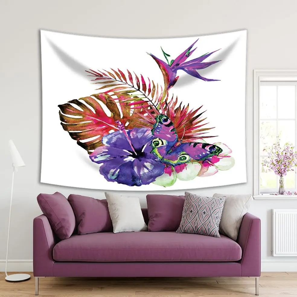 

Tapestry Tropical Palm Leaves and Flowers Classic Watercolor Style Nature Artwork Purple