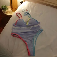 Female Swimsuit Bikini-Set Ribbed Two-Pieces High-Waist 4-Colors Print Women V2443 Lady