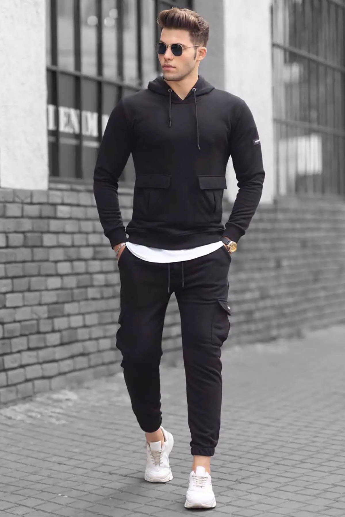 Gray Pocket Detailed Men's Sweatshirt Tracksuit Set 2021 New Season Cotton Polyester Fabric 2 Pieces