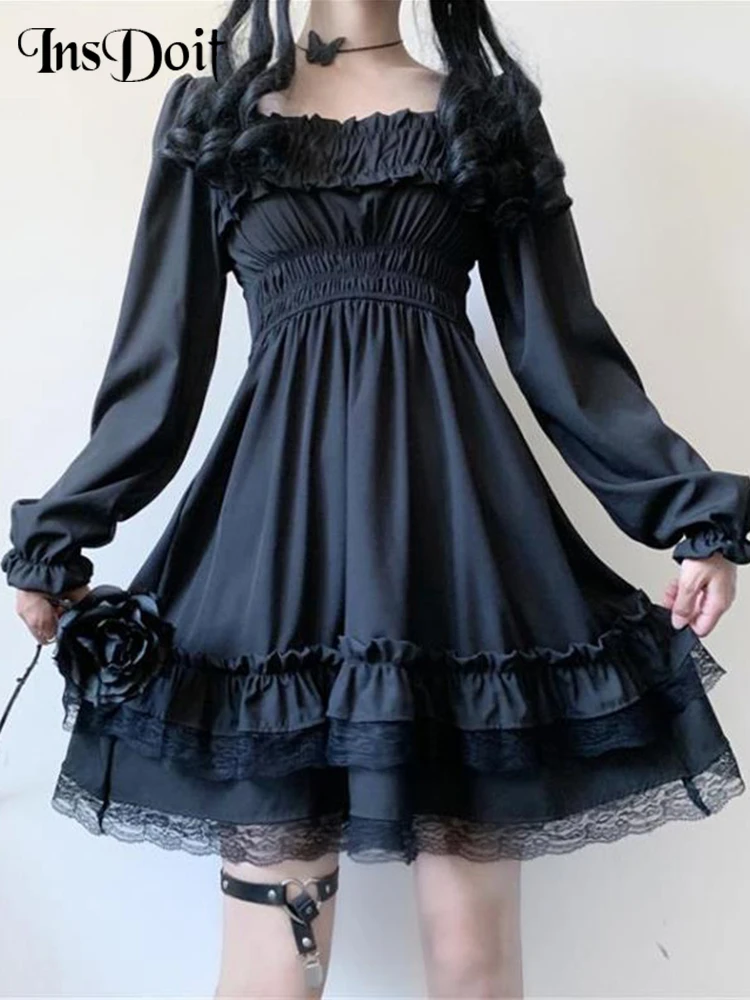 

InsDoit Lolita Gothic Black Corset Dress Women Vintage Lace Patchwork Ruched Aesthetic High Waist Dress Punk Party A-LINE Dress