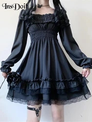 InsDoit Lolita Gothic Black Corset Dress Women Vintage Lace Patchwork Ruched Aesthetic High Waist Dress Punk Party A-LINE Dress
