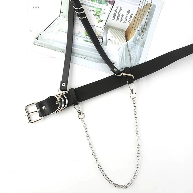Fashion Punk Women Trend Gothic PU Leather Harness Belts Silver Chain Accessories Trousers Casual Black Ladies Female Waistband cowgirl belts