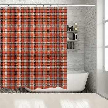 

Checkered Fabric Design Squares Traditional Geometric Patterns Printed White Orange Shower Curtain