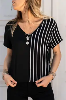 

BEYON WOMEN BLACK WHITE V-NECK BLOUSE 2020 TOP NEW FASHION CLOTHING ELEGANT CHIC SOFT VINTAGE SIZE