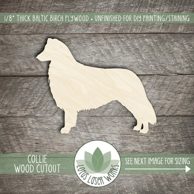 

Wood Collie Dog Cut Out Shape, Unfinished Wood Collie Laser Cut Shape, DIY Craft Supply, Many Size Options, Blank Wood Shapes
