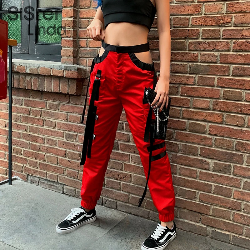 Sisterlinda Harajuku брюки с высокой талией яркие однотонные брюки женские уличные брюки-карго женские свободные брюки для бега Mujer