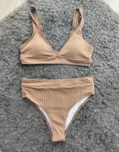 Womens Swimsuits Swimwear Bikini-Set Ribbed Push-Up Black INGAGA High-Waist Biquini