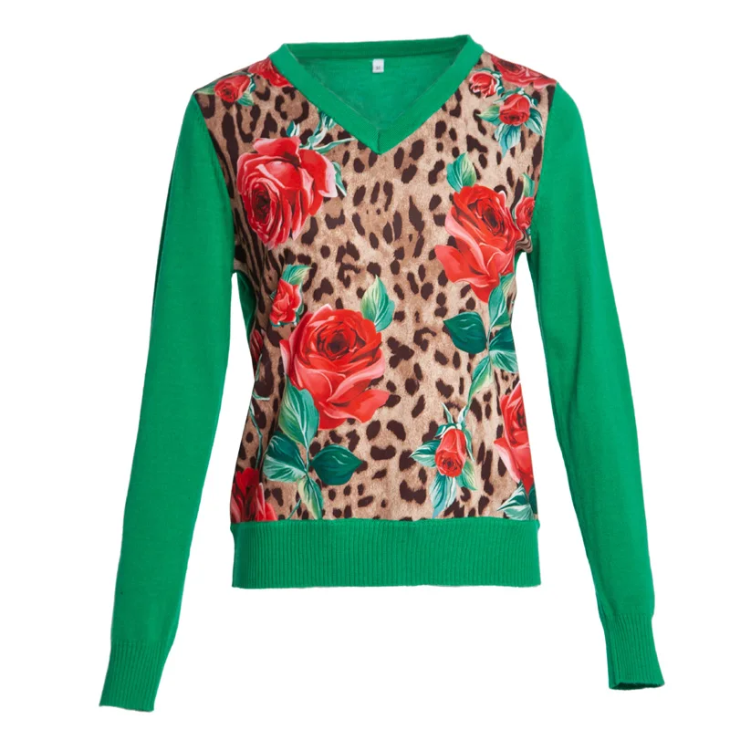 От Megyn свитер женский модный свитер розовый цветочный Леопардовый принт шерстяной женский длинный рукав v-образный вырез Модный женский свитер 2XL - Цвет: Green Leopard