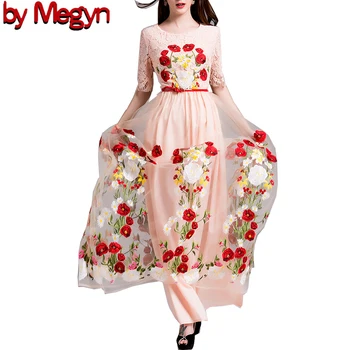 

2019 autumn women maxi embroidery long dress rose floral pink lace elegant chrimas dress party new year high quanlity dress