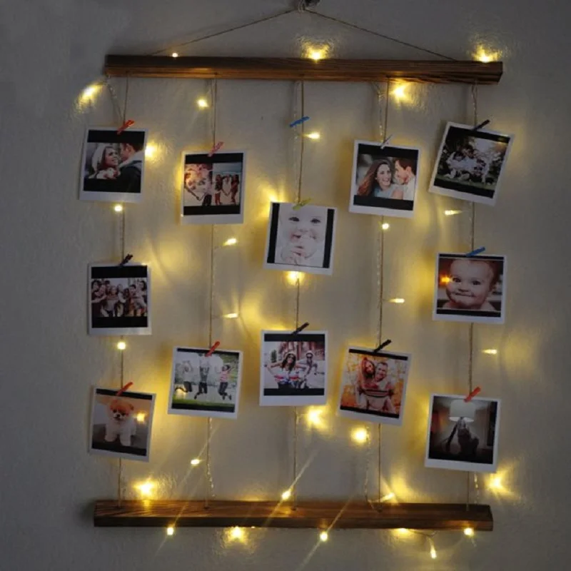 Natural Wood Drawstring illuminated Photo Hanger Clips String Collage