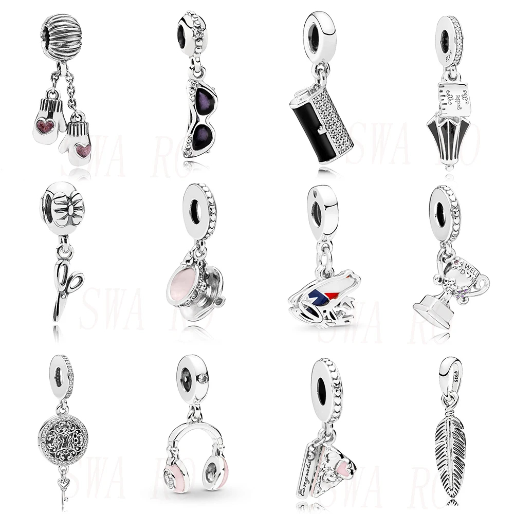 

New Fashion Silver 925 Spiritual Feather, Sunglasses, Love Gloves, Scissors, Black Clutch, Tea Cup Original Jewelry Best Gift