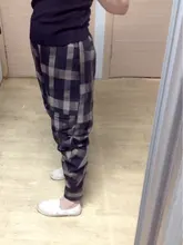 Pantalones harén de cintura elástica para mujer, pantalón holgado Vintage de algodón y lino a cuadros, estilo artístico, de talla grande, para primavera y verano, D414