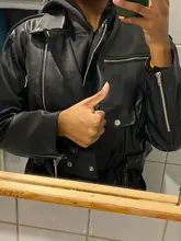 Jacket Short Winter Coat Faux-Leather Mozuleva Black Women Retro PU Turn-Down-Neck Loose