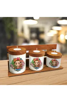 

Frida Kahlo Printed Drawing Rose Patterned Wooden Stand Set of 3 Candle Holders Vintage Gift Special Production Exhibition Board