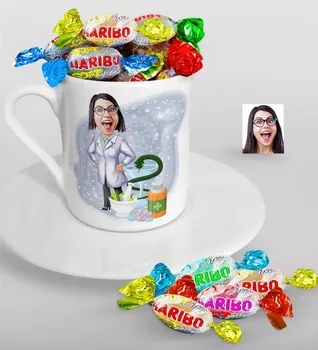 

Personalized Women 'S Pharmacist Caricature Of Turkish Coffee cup And Haribo Candy Gift Seti-2