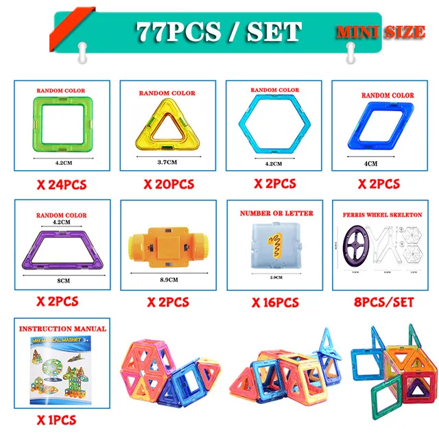 77pcs Магнитный конструктор, конструктор для мальчиков, игрушки для малышей, блоки, мини развивающие наборы, модели, строительные магниты ABS, детские рождественские подарки - Цвет: 77pcs