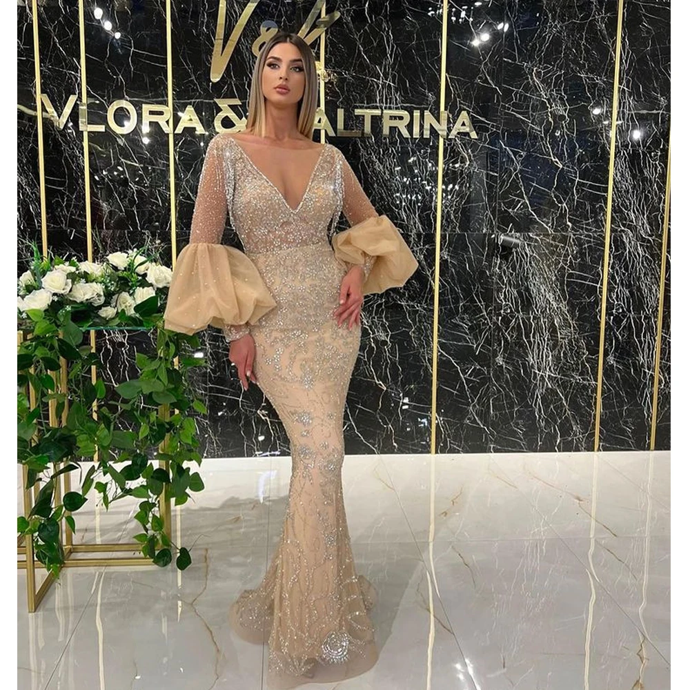 

Gold Luxury Mermaid Evening Dreses Gowns 2022 Puff Sleeves Beading Sexy Formal Woman Party